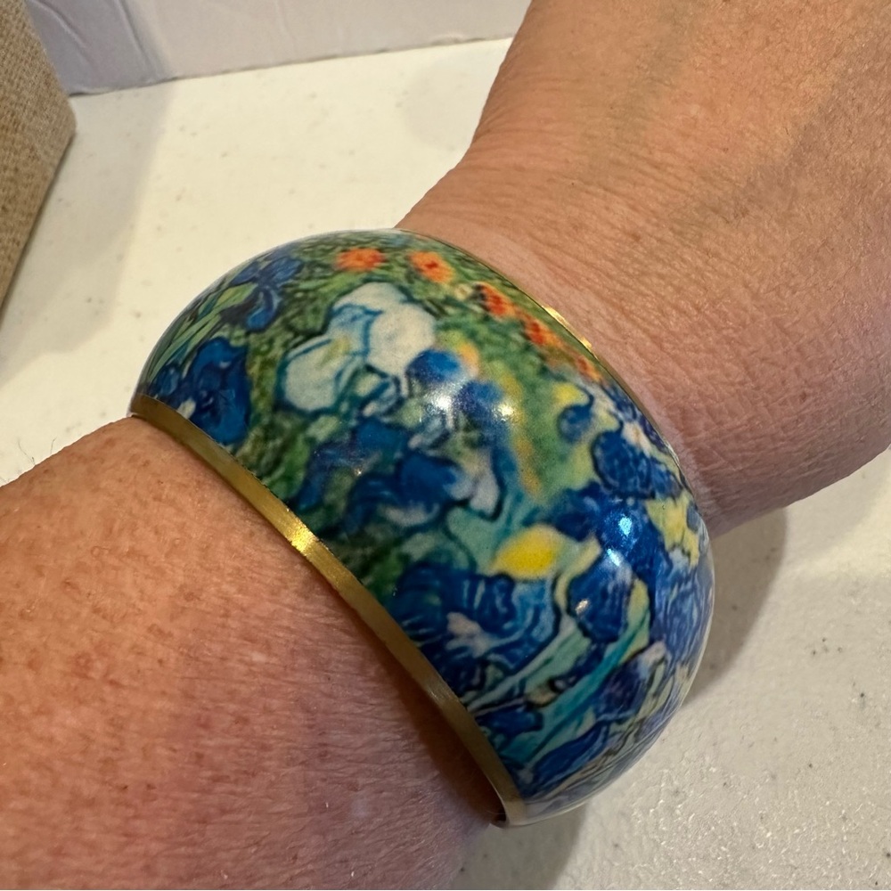 Van Gogh “Irises” inlay over Brass Bangle Bracelet - Wide, chunky, Boho, floral